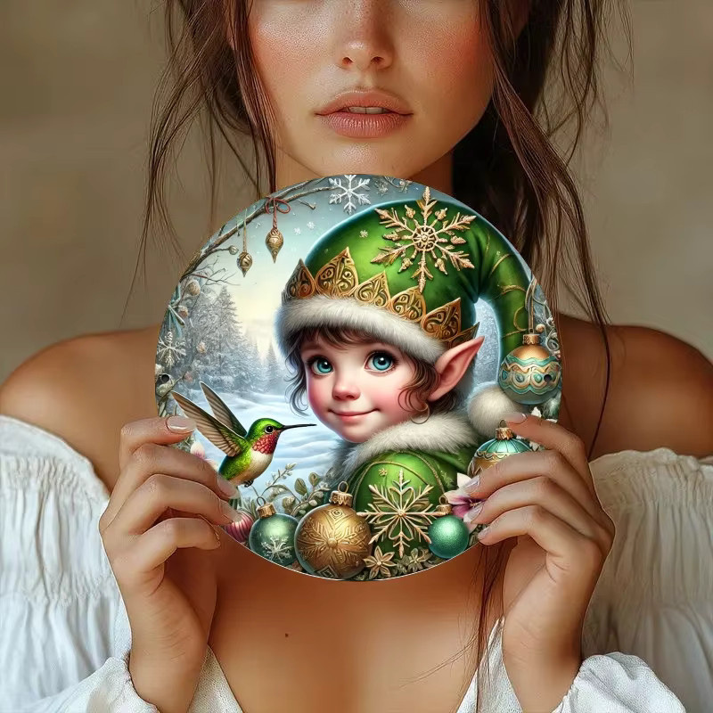 Rundes Metallschild HELLOYOUNG Weihnachtself und Kolibri in Vintage-Optik als Wanddekoration, Durchmesser: 20 cm, Mehrfarbig - Bild 3