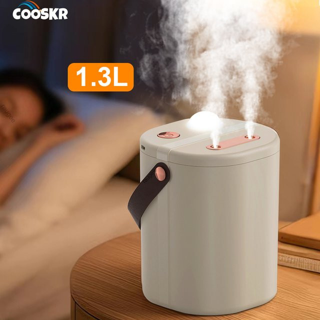 Raugee Ultraschall-Luftbefeuchter mit 1,3 l Kapazität, doppelter Sprühanschluss, kühler Nebel und LED-Licht in Weiß und Gelb - Bild 1