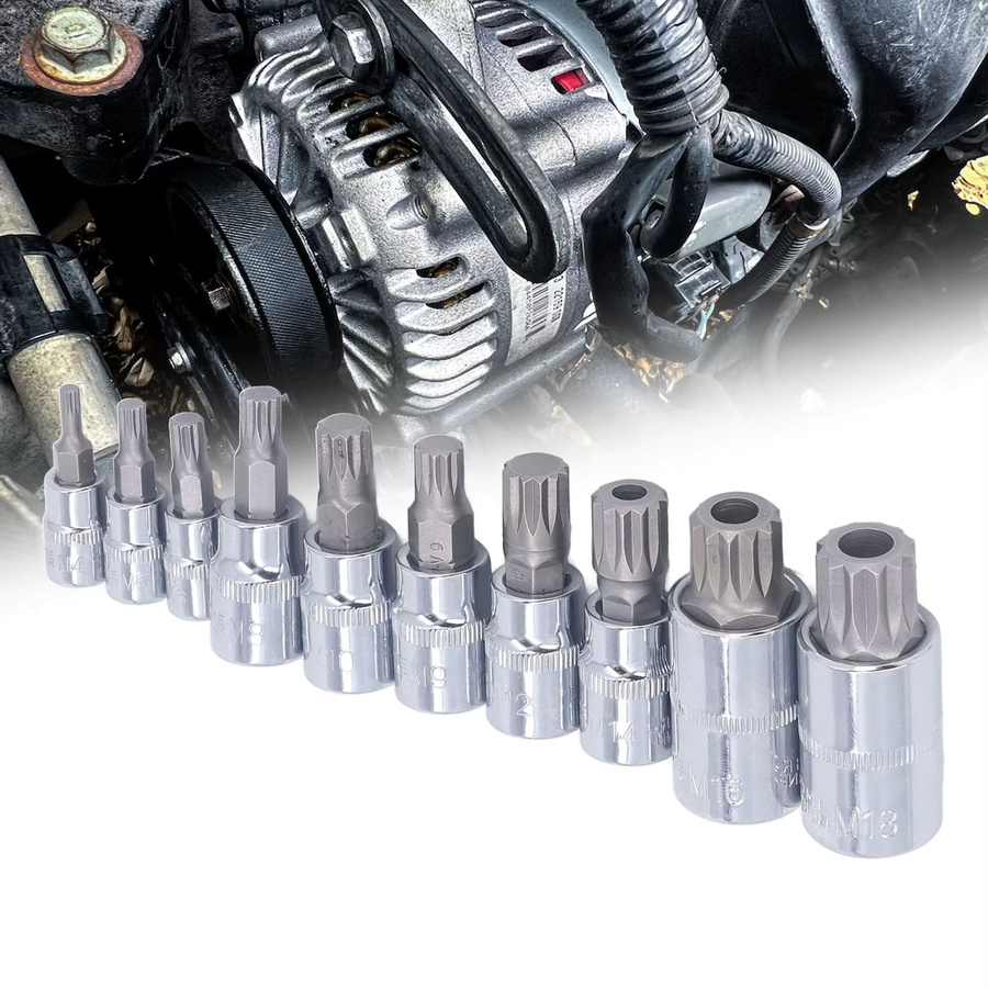 Dreifach-Spline-Bit-Steckschlüsselsatz M4 mit 1/4 Zoll, 3/8 Zoll und 1/2 Zoll Antrieb inklusive Aufbewahrungsbox in Silber - Bild 2