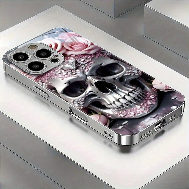 Handyhülle mit Rosa Rose Metall Totenkopf Muster aus gehärtetem Glas in Silber für Samsung Galaxy S23 S24 S25 Ultra Plus FE - Bild 1
