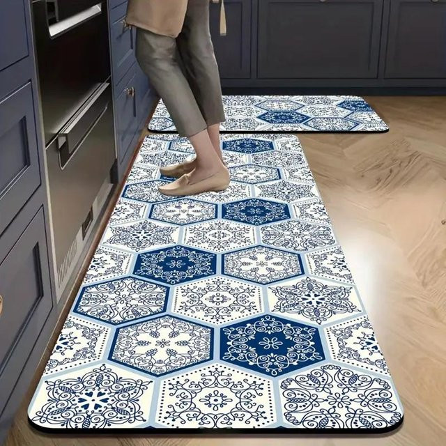 Rutschfeste Retro Küchen- und Badematte mit Lucky Black Cat Motiv in Blau, B/L: 50 x 200 cm - Bild 1