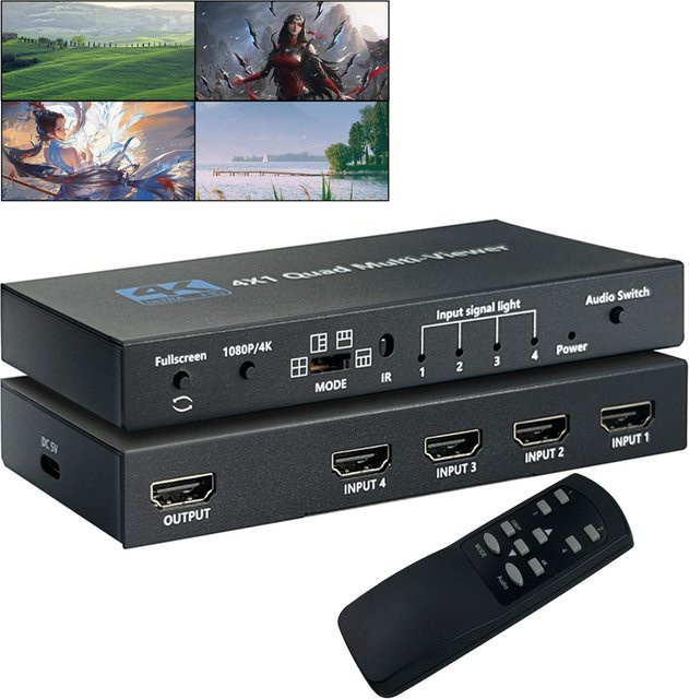 VBDWRM 4K HDMI Quad Screen Multiviewer 4x1 Seamless Switcher in Schwarz mit 5 Anzeigemodi für Kamera, Laptop, PC und TV - Bild 1