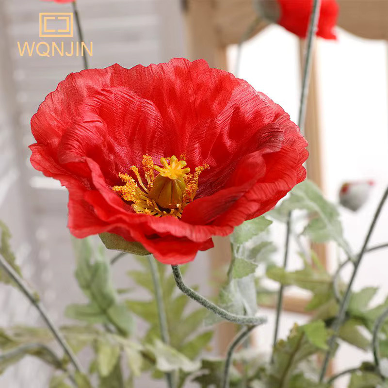 WQNJIN Künstlicher Mohn-Blumenstrauß in Rot und Orange, 74 cm lang, Handgefertigte Textilblumen für Hochzeitsdekoration und Heimdekoration - Bild 2