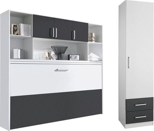 RAUCH ALBERO Querklappbett mit Regalelement und 1-türigem Schrank in Alpinweiß und Grau-metallic, Breite: 90 cm, Tiefe: 200 cm, Höhe: 214 cm