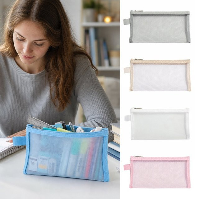 Transparente Stifttasche aus grünem Nylonnetz mit Reißverschluss als Schreibwarenbeutel und Kosmetiktasche - Bild 1