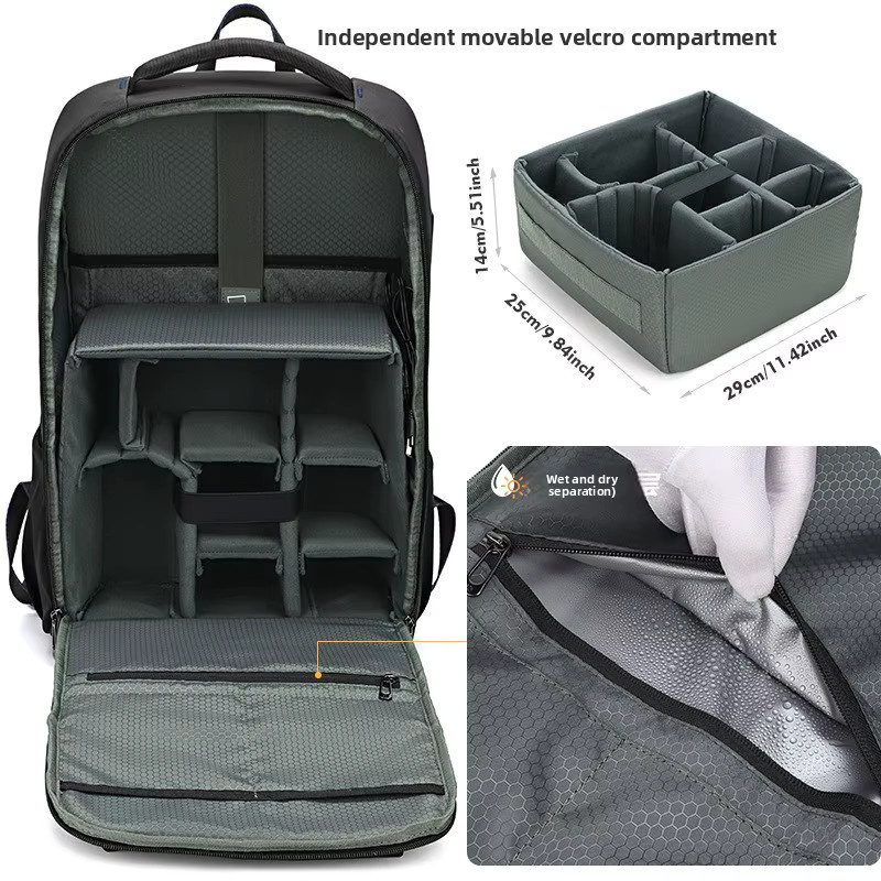 JINNUOLANG Wasserdichter USB-Laderucksack in Schwarz mit großer Kapazität für Kamera und Drohnen - Bild 3