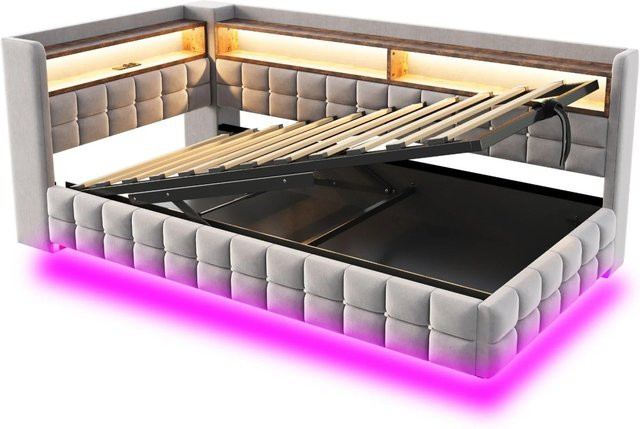 Merax Schlafsofa Hellgrau mit USB-Anschluss, LED-Beleuchtung und Stauraum, B/T/H: 90 x 200 x 48 cm - Bild 1