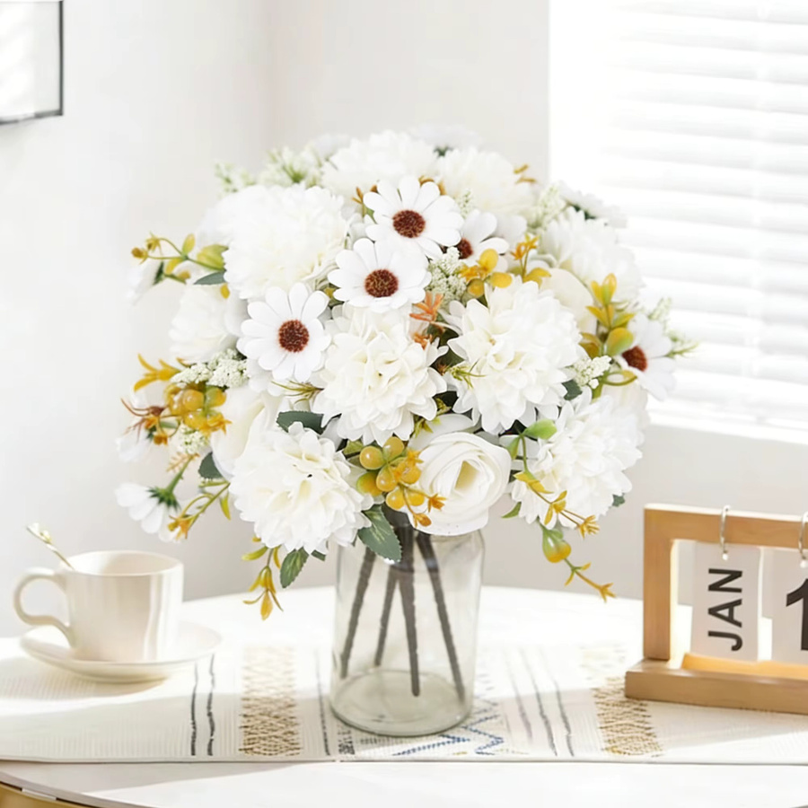 Kahaul 2er Set künstliche Hybridblumen aus Seide in Orange und Weiß mit Rosen und Gänseblümchen für Tischdekoration und Vasen - Bild 1