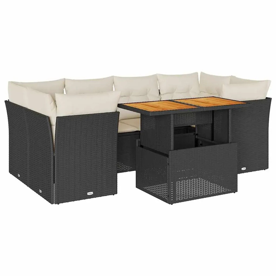 vidaXL 7-teilige Garten-Sofagarnitur aus Poly-Rattan und Akazienholz in Schwarz-creme mit Kissen - Bild 2