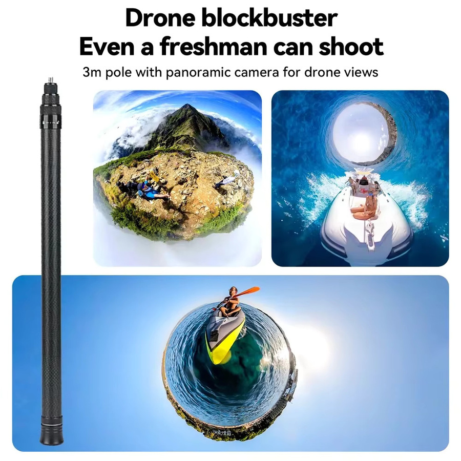 3M Carbon Fiber Selfie Stick aus Aluminiumlegierung in Schwarz für Insta360 X 4/5/ONE/RS und GoPro Hero 11 10 9 8 sowie DJI OSMO Action, 3m Länge - Bild 5
