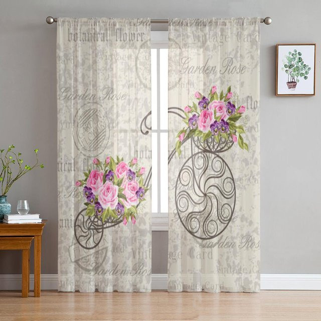Transparente Tüll-Vorhänge mit Vintage-Fahrrad und rosa Blumen von Your Warm Home, Breite: 135 cm, Höhe: 114 cm - Bild 1