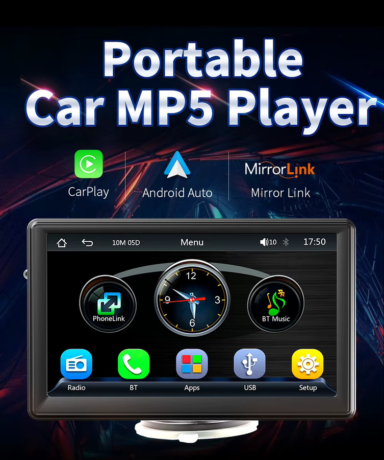 BQCC 7 Zoll HD Universal Auto MP5 Player mit Wireless CarPlay, Android Auto, Mirrorlink und Bluetooth in Schwarz - Bild 1