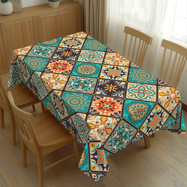 Bohemian Florale Tischdecke von Fancy Style Studio mit Kachelmuster und Mandala-Design, Mehrfarbig, B/B: 140 x 140 cm - Bild 1