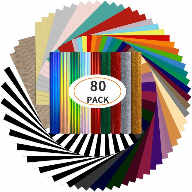 HTVRONT Wärmeübertragungsvinyl Bundle für T-Shirts, 80er-Pack, Multicolor, B: 30,48 cm, T: 30,48 cm - Bild 1