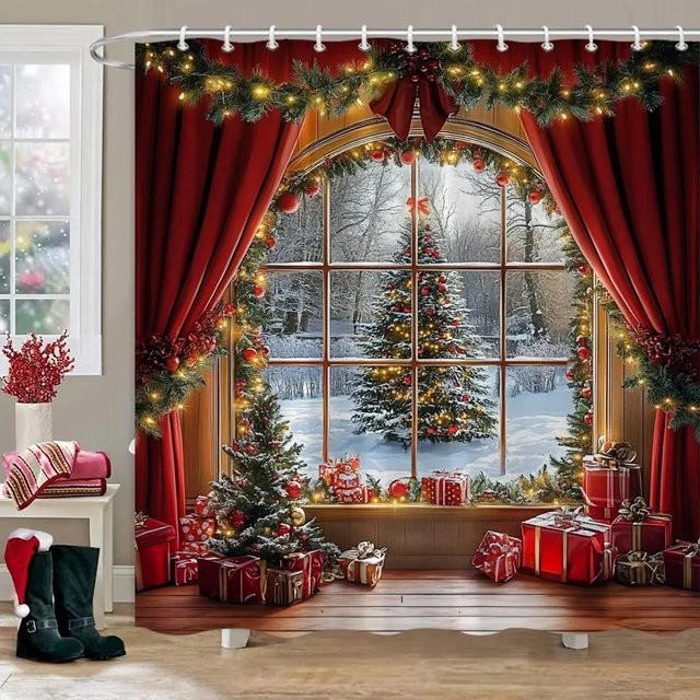 Duschvorhang mit Weihnachtsbaum und Winterwald Motiv in Rot, Breite: 90 cm, Höhe: 180 cm - Bild 1