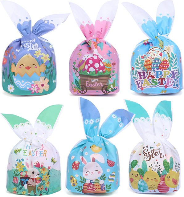 ZQNYCY Ostern Kaninchen Ohr Geschenkverpackungstaschen für Süßigkeiten und Kekse, bunte Hasen- und Eier-Motiv Taschen für Kindergeburtstage und Ostern-Partys, 50 Stück - Bild 1