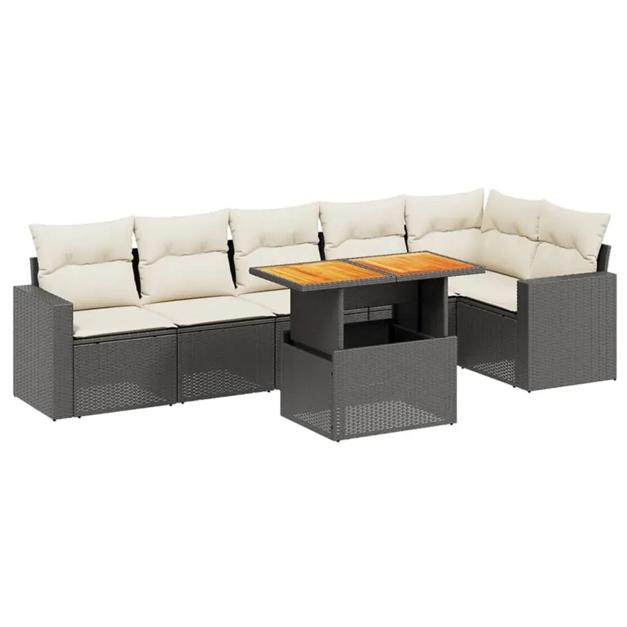 vidaXL 7-teilige Garten-Sofagarnitur in L-Form aus Polyrattan und Akazienholz mit Kissen in Schwarz-Creme - Bild 2