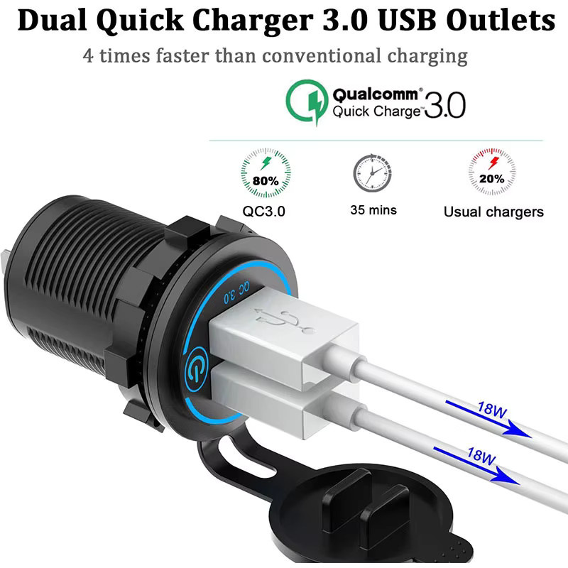 Wasserdichtes Dual USB Auto Ladegerät mit QC3.0 Schnellladefunktion und berührbarem Schalter für 12/24 V in Schwarz - Bild 3