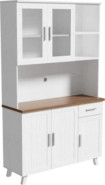 okwish Hochschrank mit Holzmaserung für Wohnzimmer, Esszimmer oder Küche in Weiß und Braun, B/T/H: 114 x 40 x 190 cm - Bild 1