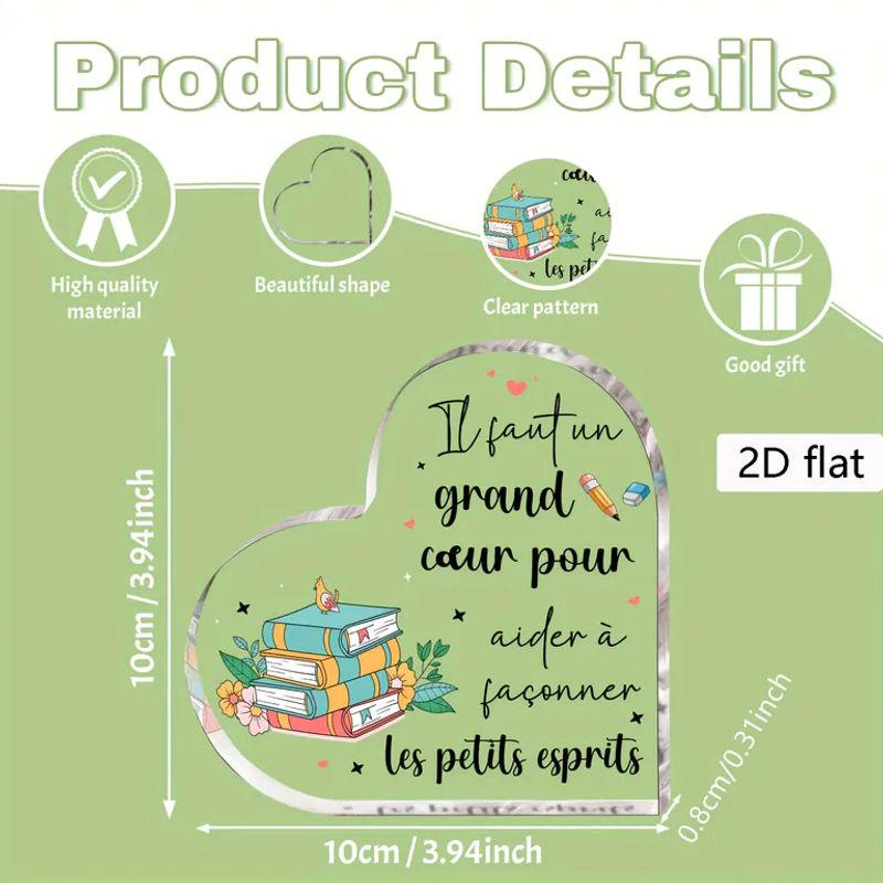 CIFBUY Herzförmiges Holz-Acryl-Schild mit französischem Zitat als inspirierende Desktop-Plakette in Weiß und Transparent mit floralem Design - Bild 5