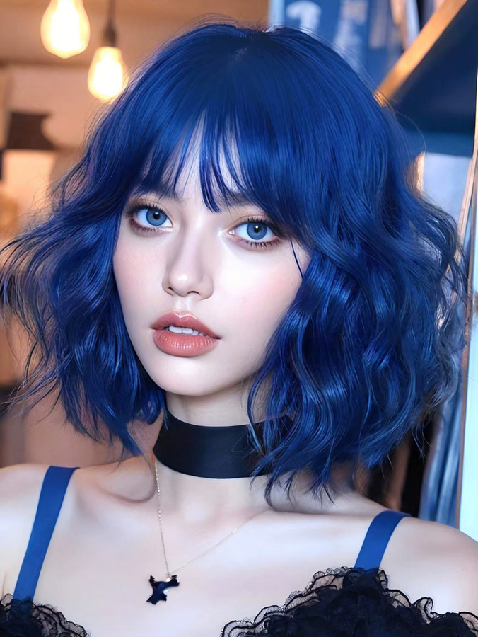 Blaue Bob-Perücke, kurz gewellt, 14 Zoll, synthetisch, Unisex - Bild 3