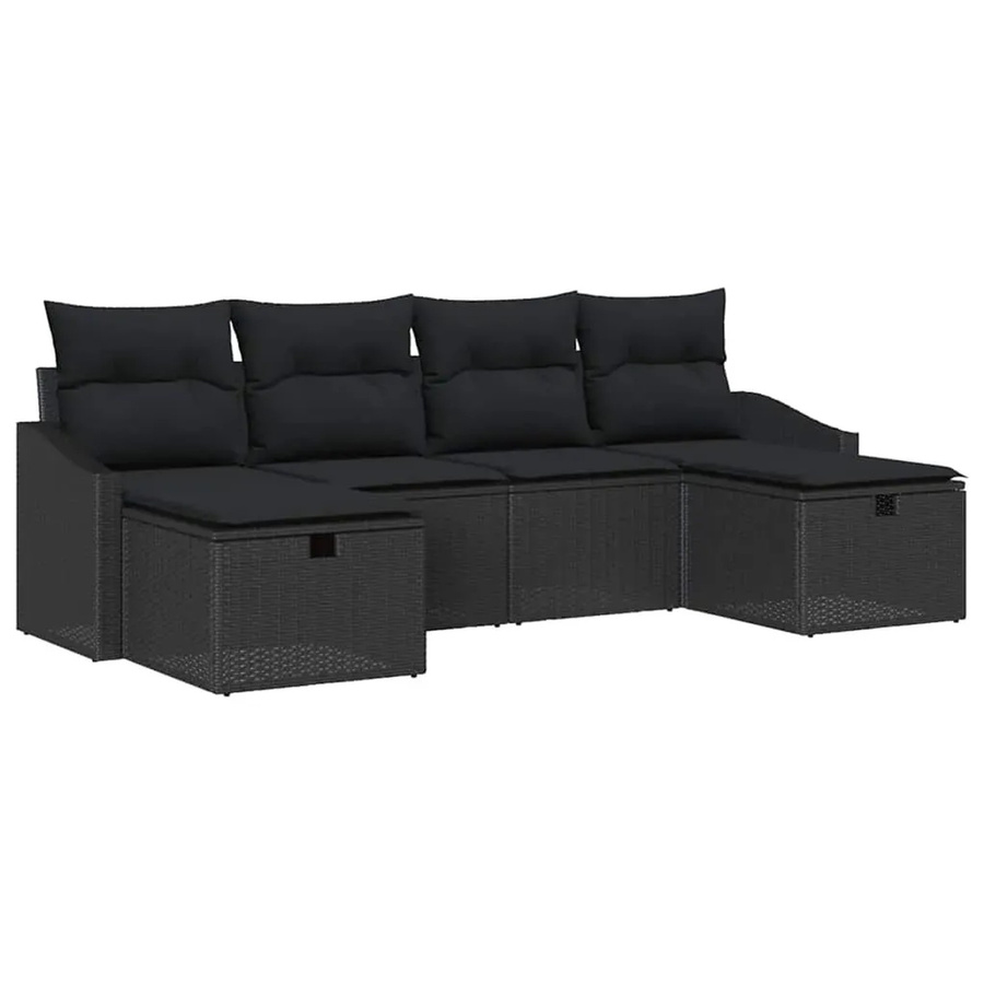 6-tlg. vidaXL Garten-Sofa-Set aus Poly Rattan in Schwarz mit Kissen und Fußhockern - Bild 2