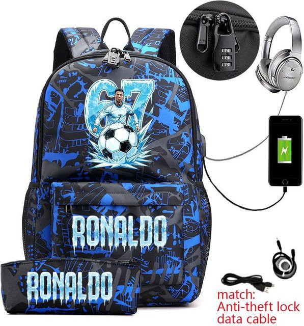 Diebstahlsicherer Cr7 Ronaldo 67 Schülerrucksack mit Federmäppchen für Teenager und Kinder in Blau von Bandai - Bild 1