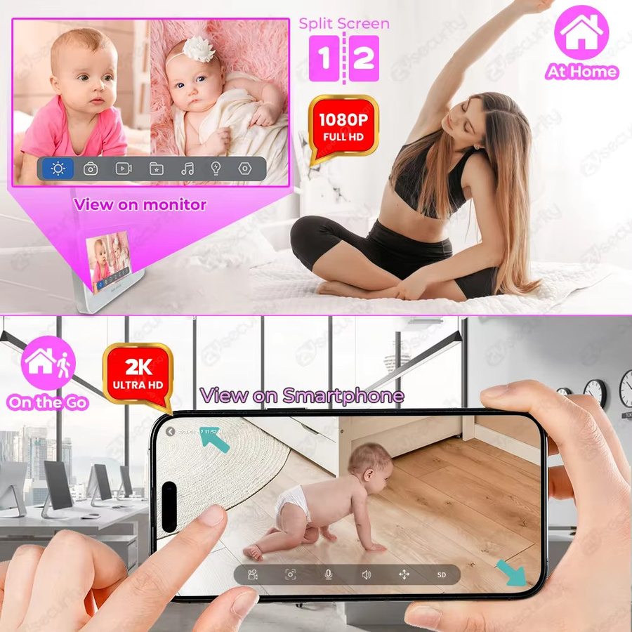 Zysecurity WiFi-Babyphone mit zwei 2K 3MP PTZ-Kameras, App-Steuerung und 4,3 Zoll IPS-Bildschirm in Weiß - Bild 2