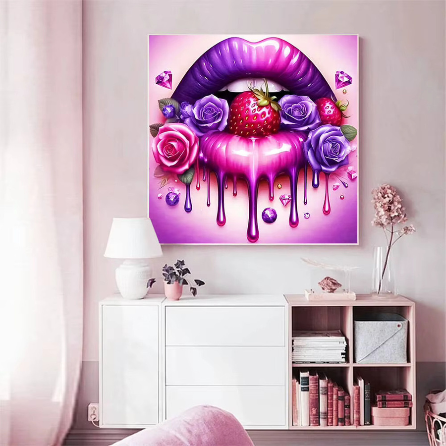 EverShine 5D DIY Diamantmosaik Porträt Mund mit Erdbeere und Rose als Kreuzstich Stickerei Set, Multicolor, B/H: 20 x 20 cm - Bild 3