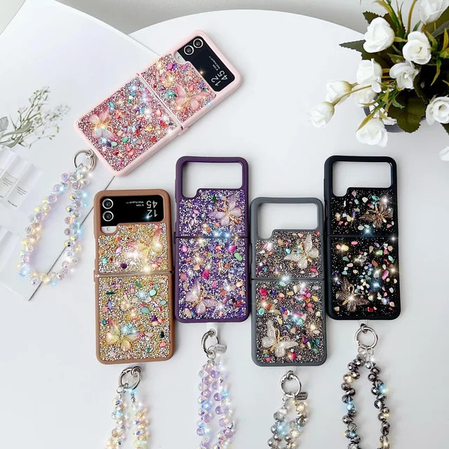 Glitzer Handyhülle mit Kristallsteinen und Handgelenk-Gurt für Samsung Galaxy Z Flip 7, 6, 5, 4, 3 5G in Grau - Bild 1