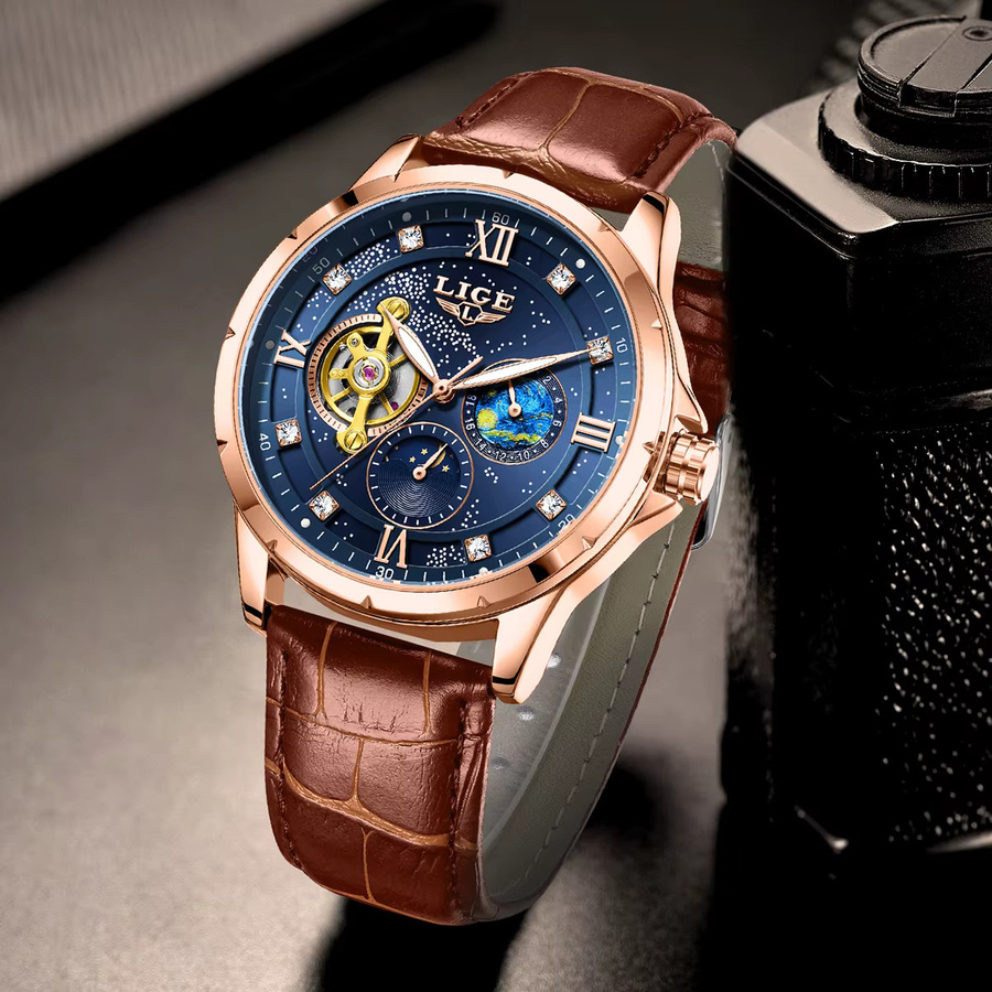 LIGE Herrenuhr, Automatik, Analoguhr, Blau, Roségold, Leder, Zirkonia - Bild 2
