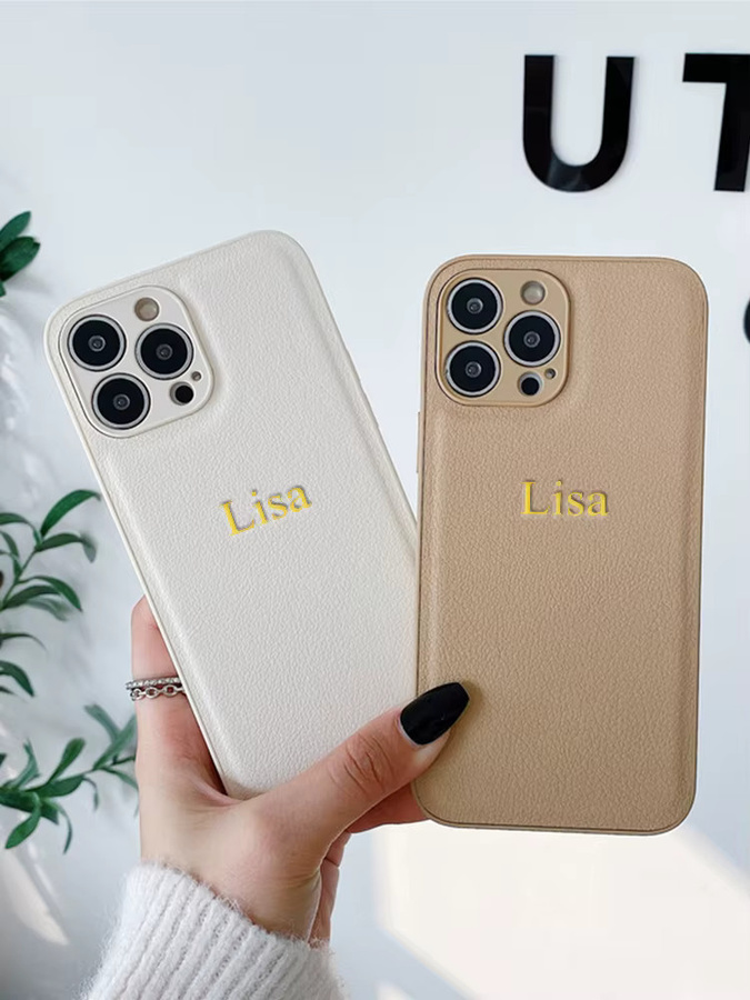 Personalisierte Handyhülle aus luxuriösem PU-Leder für Apple iPhone 11 bis iPhone 17 Pro Max Plus in Beige mit individuellen Initialen oder Namen - Bild 4