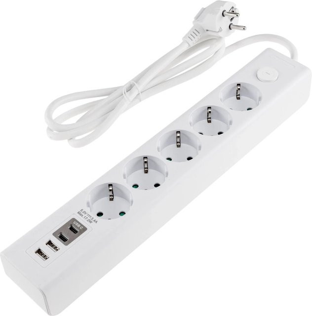 ChiliTec 5-fach Steckdosenleiste in Weiß mit USB-A und USB-C Anschlüssen sowie Schalter - Bild 1