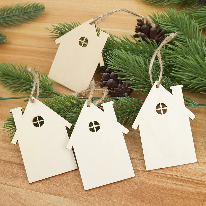 10 Stück Holzhaus Hängeornamente aus Holz in Beige für Weihnachtsdekoration und DIY Handwerk - Bild 2
