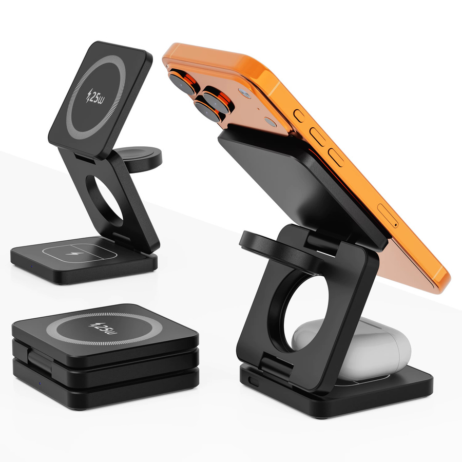 ILEPO 3-in-1 Qi2.2 magnetisches kabelloses Ladegerät 25 W faltbarer Schnellladeständer in Orange für iPhone 16/17 - Bild 3