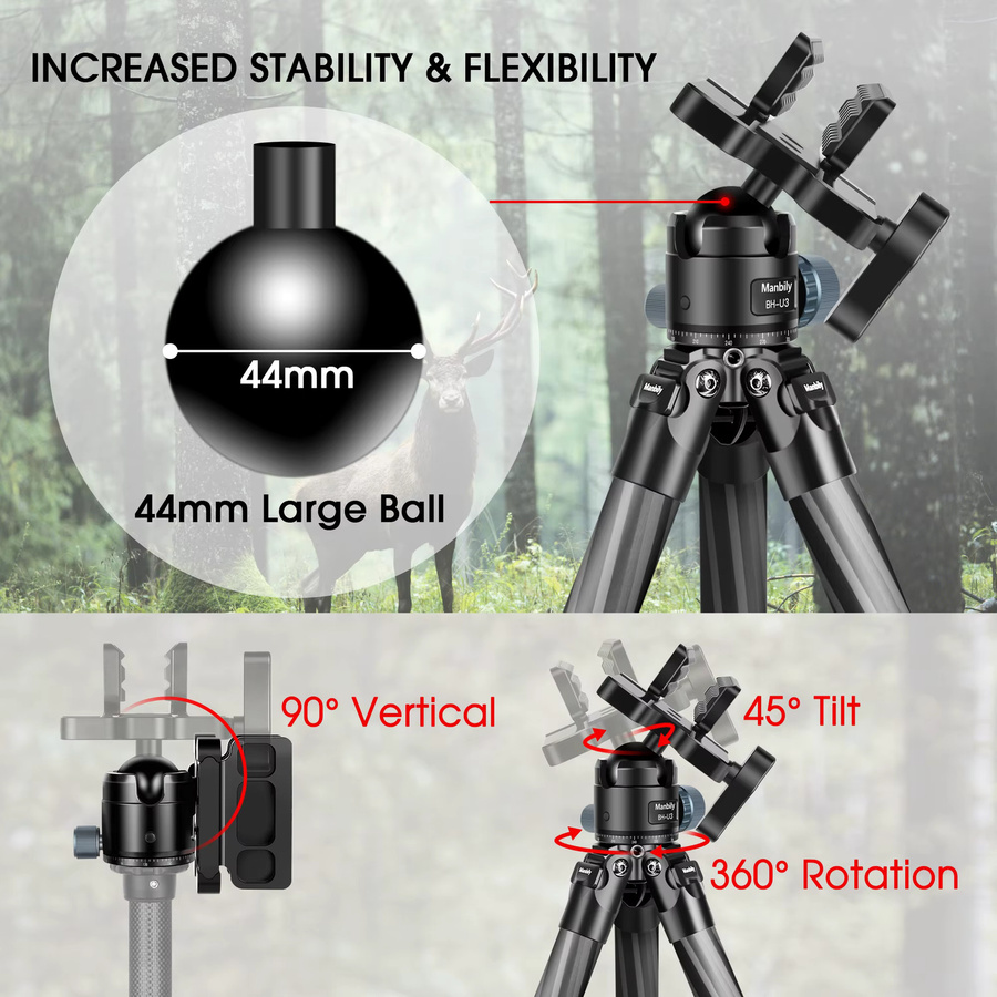 Manbily Carbonfaser-Jagdstativ mit 44mm Kugelkopf in Schwarz, Höhe: 63,5 Zoll, Modell WZ-324+BH-U3 - Bild 4