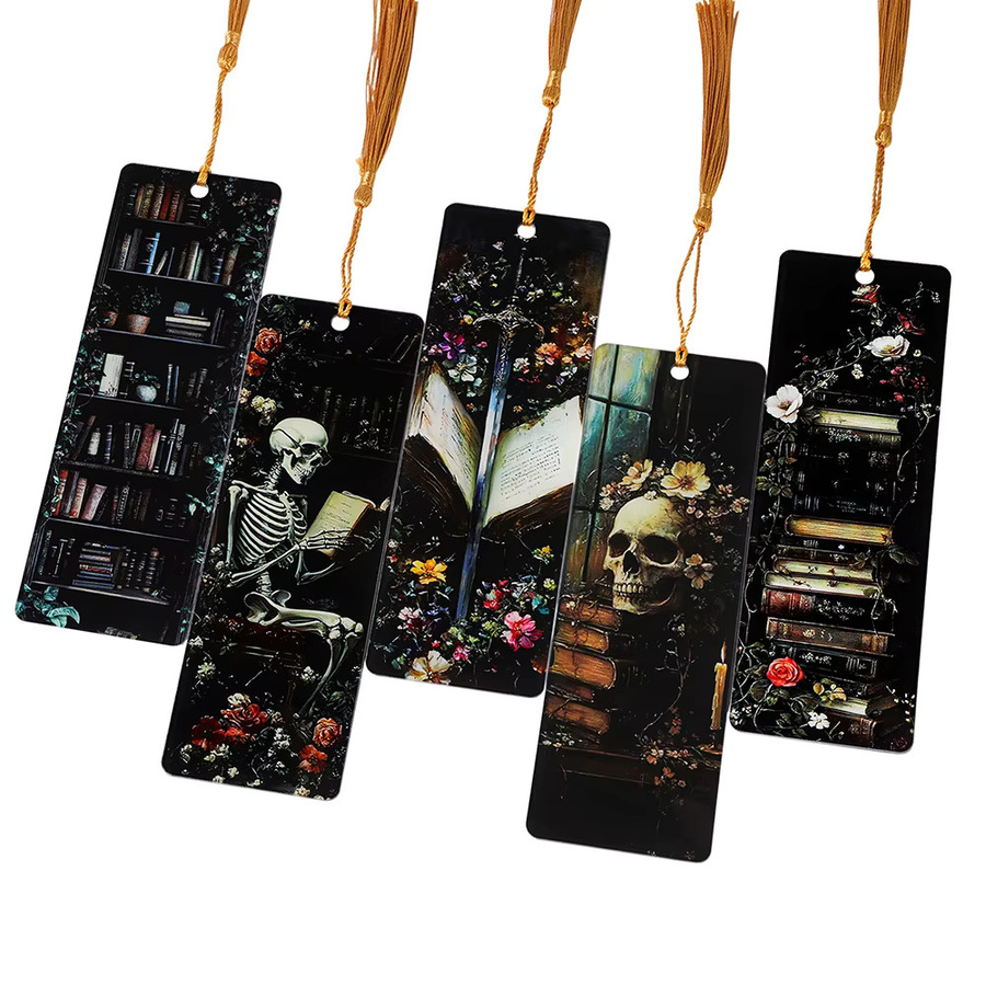 Gothic-Acryl-Lesezeichen mit goldenen Quasten in Schwarz und Gold, Totenkopf- und Skelett-Designs aus Resin für eine dunkle Ästhetik - Bild 2
