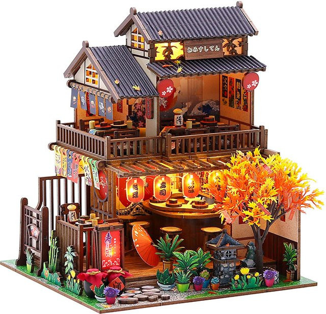 zuuton Japanisches Restaurant Miniatur-Puppenhaus, DIY-Set, 3D-Holzpuzzle, mit LED-Beleuchtung - Bild 1
