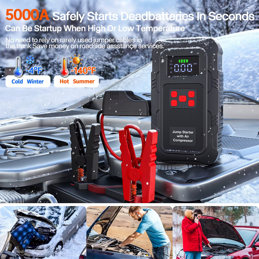 Povasee Tragbarer Auto-Batterie-Notfallstarter mit 5000A Luftkompressor und 150PSI Luftpumpe, Schwarz - Bild 3