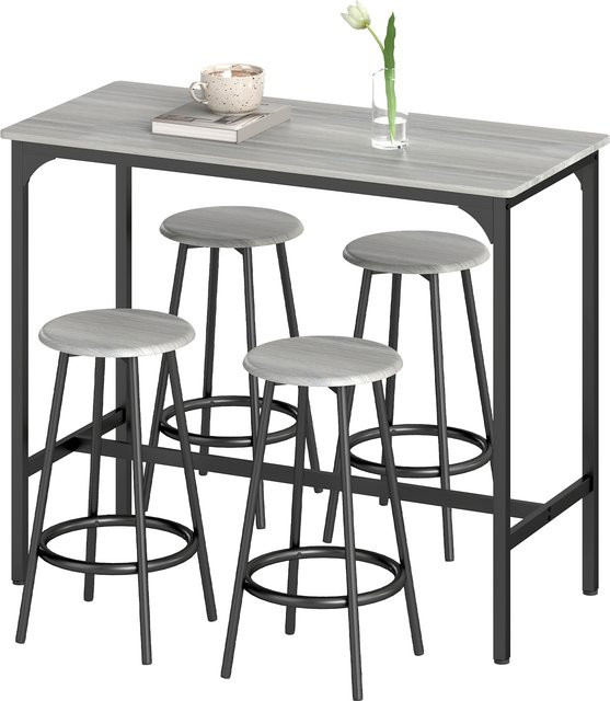 HOMCOM Bartisch mit 4 Barhockern Set, 5-teilige Essgruppe im Industriedesign für Küche und Esszimmer, Grau - Bild 1