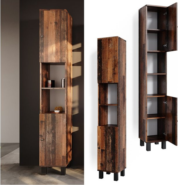 Vicco Badschrank Fynn Old Style Hochschrank Badezimmerschrank Eiche Rustikal Braun B: 30 cm, H: 190 cm - Bild 1