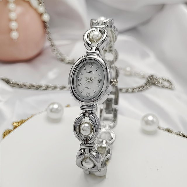 Dai Lanfu Armbanduhr, Quarz, Ovales Zifferblatt, Perlenbesetzt, Edelstahl, Grau, Damen - Bild 1