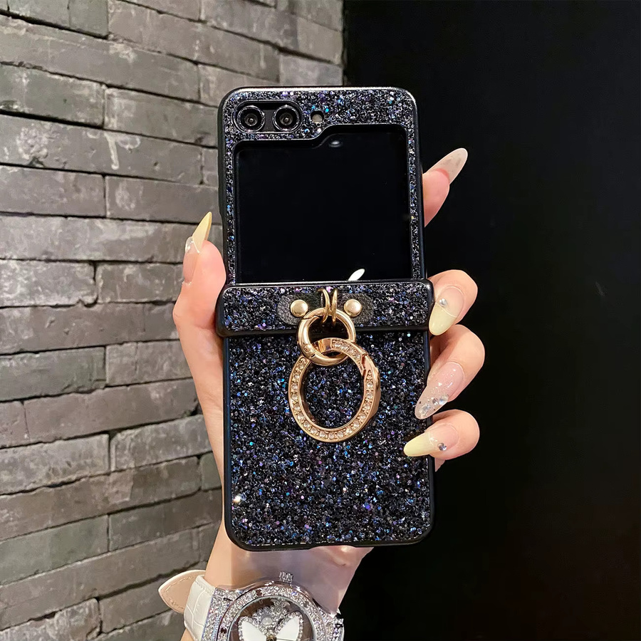 Glänzende Diamant-Strass-Glitzer-Hülle mit Ring-Schnalle für Samsung Galaxy Z Flip 3 4 5 6 7 8, 3-teilige Rückabdeckung, Schwarz - Bild 2