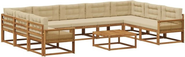 vidaXL Outdoor-Sofagarnitur in L-Form aus massivem Akazienholz mit 10 Kissen, Farbe Natur-Beige und Braun - Bild 1