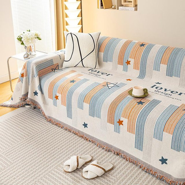 Nordische Sofadecke mit Quasten in Orange, gestreifter Jacquard-Überwurf aus Baumwolle und Polyester, B/B: 180 x 230 cm - Bild 1