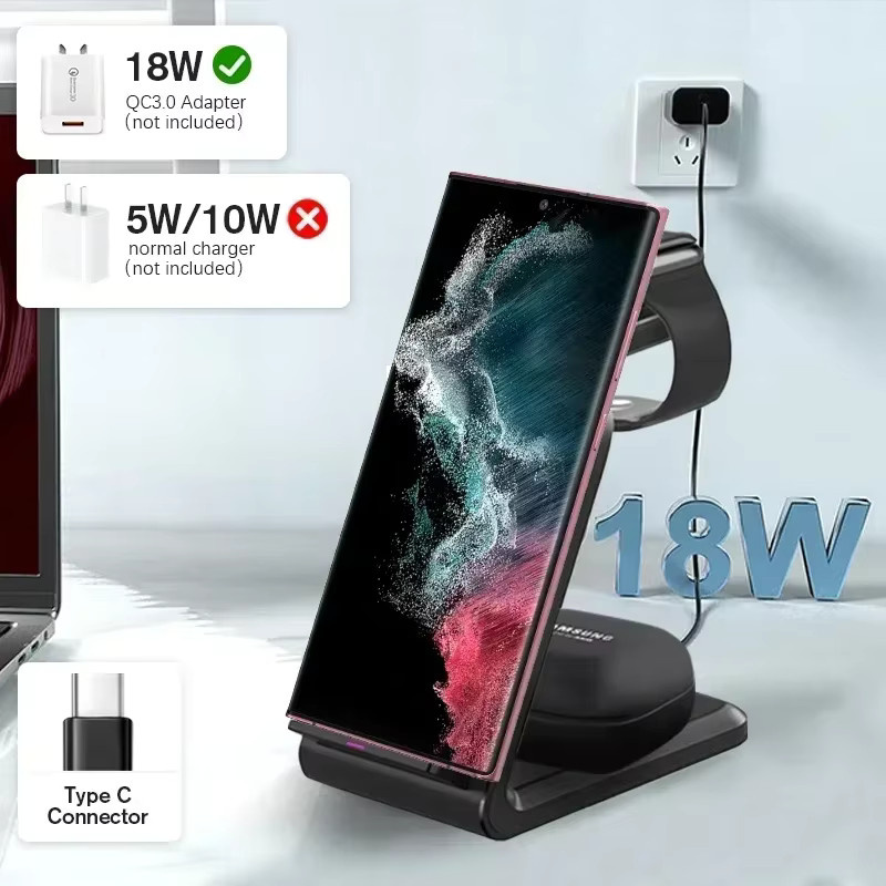 VIKEFON 3-in-1 Kabelloses Ladegerät Schnellladestation für Apple iPhone, Samsung Galaxy, Apple Watch und Kopfhörer in Schwarz - Bild 3