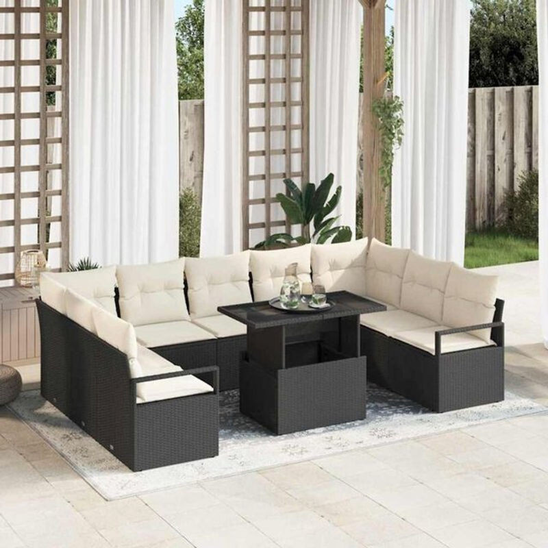 vidaXL Garten-Sofa-Set aus Polyrattan und Metall, 10-teiliges modulares Loungemöbel-Set in Schwarz und Creme, B/T/H: 100 x 55 x 73 cm - Bild 1