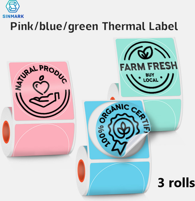 SINMARK 3er Set runde Thermo-Etikettenpapier in Pink und Multicolour, wasserfeste selbstklebende DIY-Aufkleber für Drucker - Bild 1