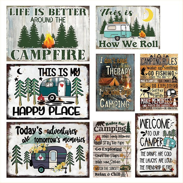 OANKR Vintage Camping Metallschild This Is My Happy Place Retro Wanddekoration Mehrfarbig B: 30,0 cm, H: 20,0 cm - Bild 1