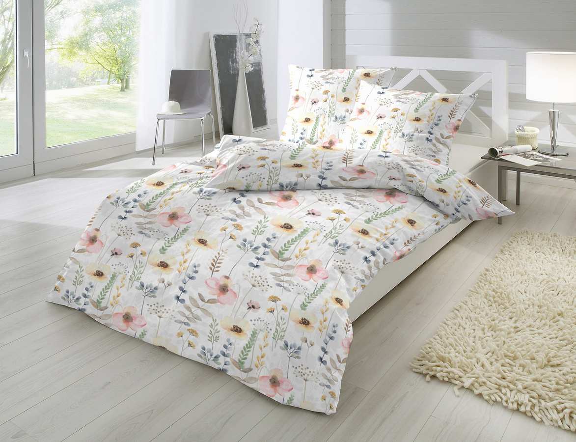 Primera Bio Renforce Bettwäsche aus Bio-Baumwolle mit Blumenwiese Design, Grün Rosa Bunt, B/H: 155 x 220 cm und Kissenbezug 80 x 80 cm - Bild 1